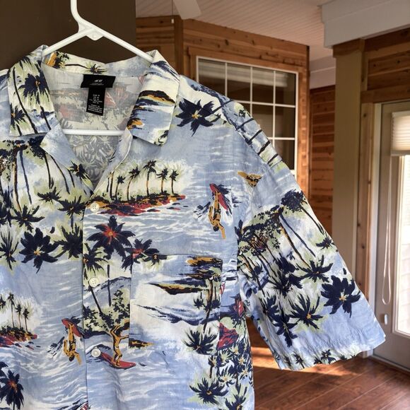 H&M Hawaiian Print Blue Shirt Men M Surfer Luau Bro Vacation White Lotus Cruise - Picture 3 of 6